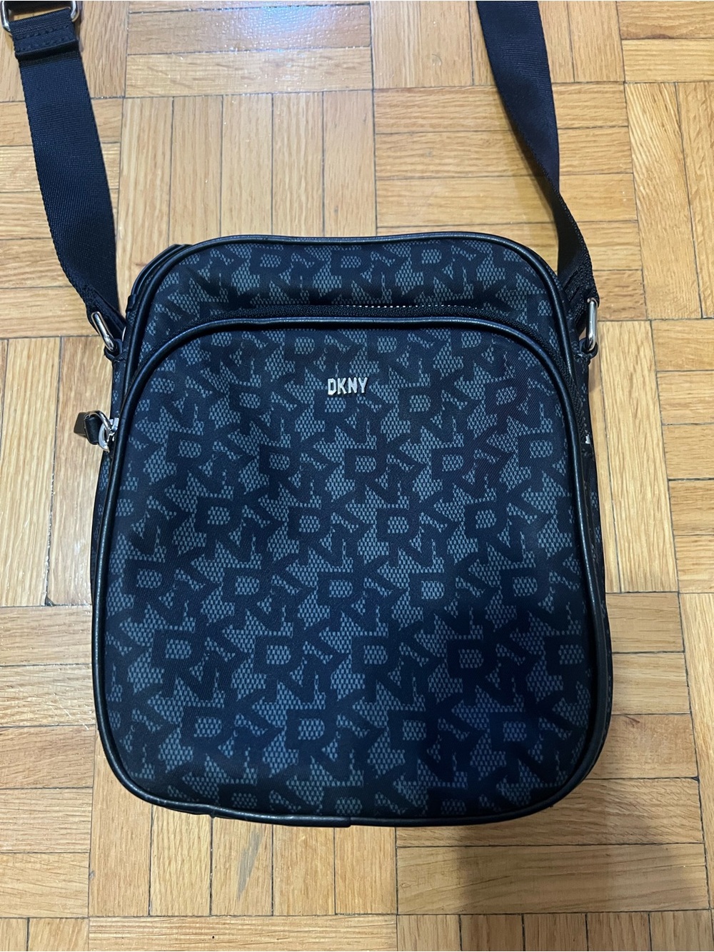 DKNY Black Monogram Messenger Bag with Adjustable Strap